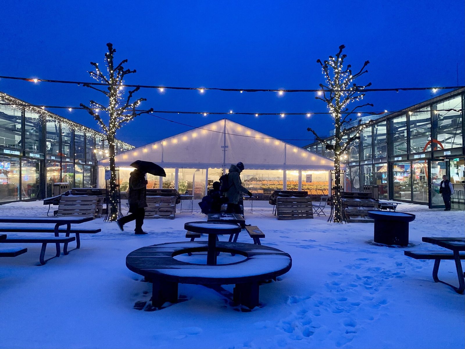 Las naves de cristal de Torvehallerne con nieve y luces colgadas, al anochecer